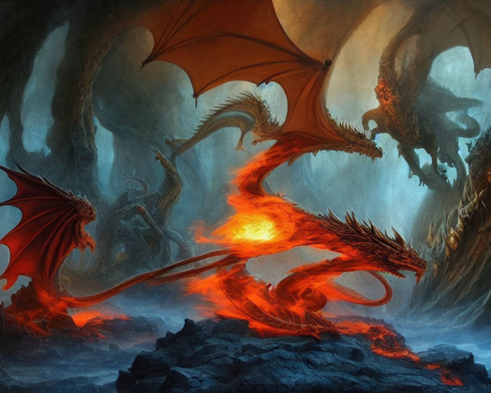 Fiery dragon battle in volcanic landscape
