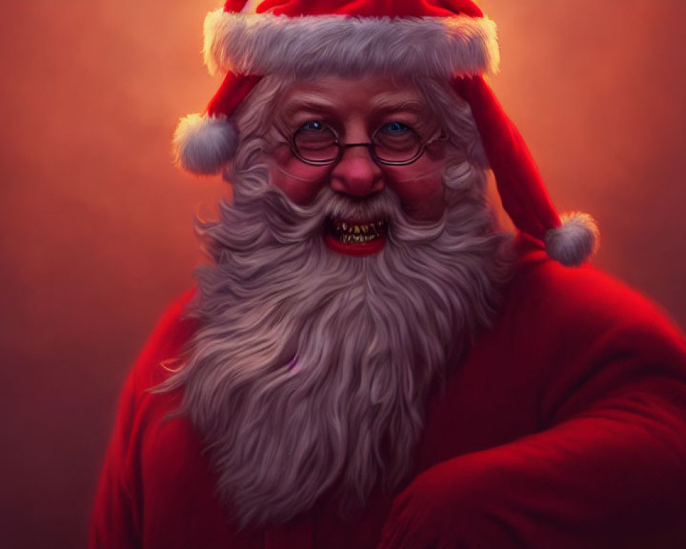 Bearded figure in red Santa hat and suit smiling warmly