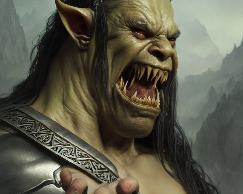 Fantasy orc character with fangs, pointed ears, and red eyes in detailed armor.