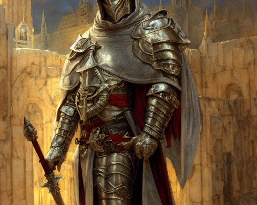 Knight in full plate armor with red cape and spear in front of castle.