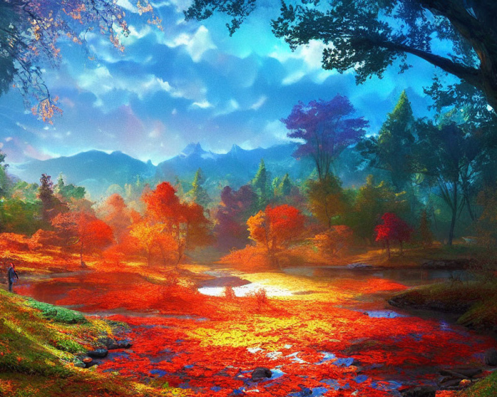 Colorful Fantasy Landscape with River, Foliage, and Mountains