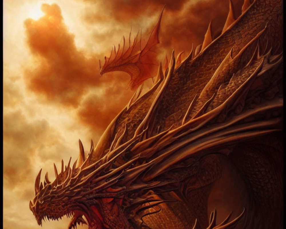 Multi-headed dragon with sharp horns against fiery sky