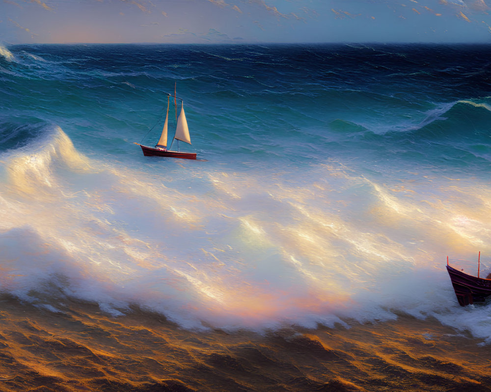 Turbulent sea painting: sailboats, shipwreck, sunset/sunrise