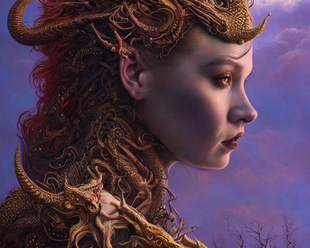 Fantasy portrait of a person with golden dragon headpiece and armor against twilight sky.