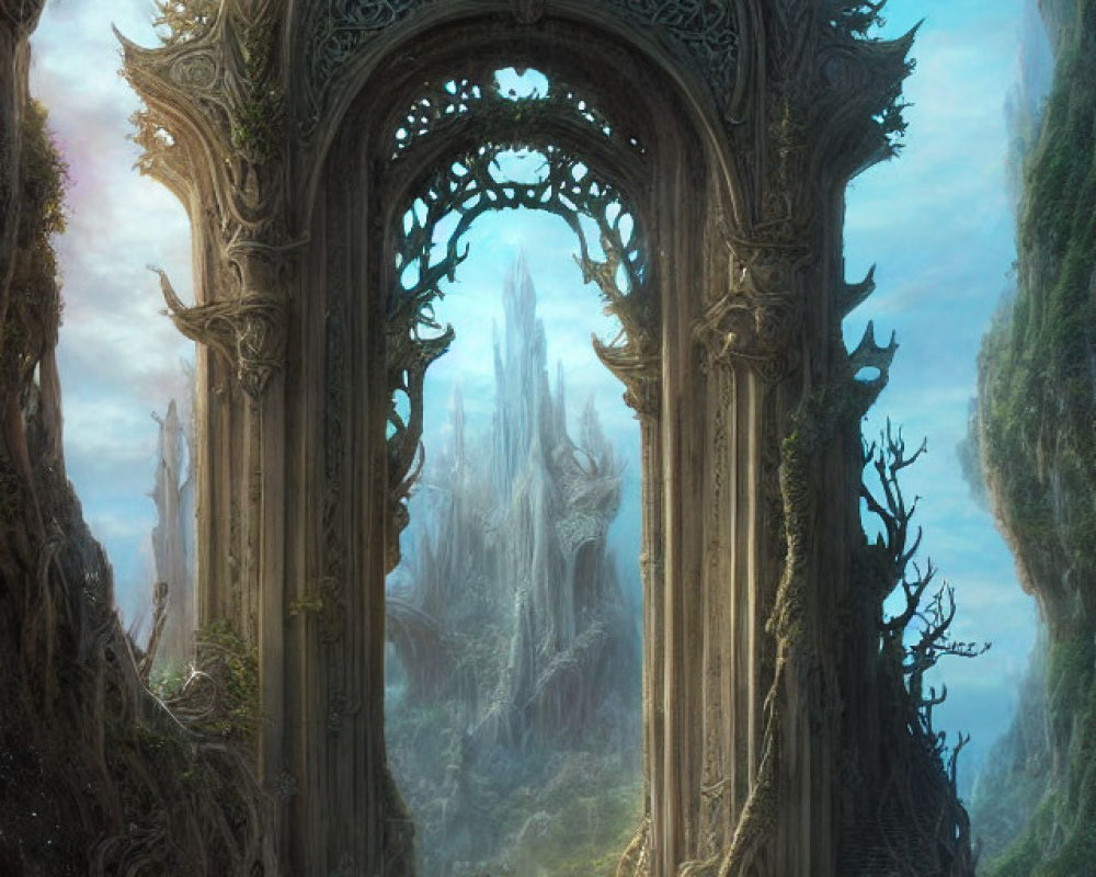 Stone archway in mystical forest overlooking ancient tree-covered city