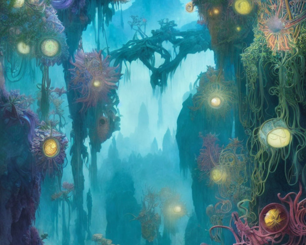 Enchanting forest with jellyfish-like plants, misty cliffs, and ethereal ambiance