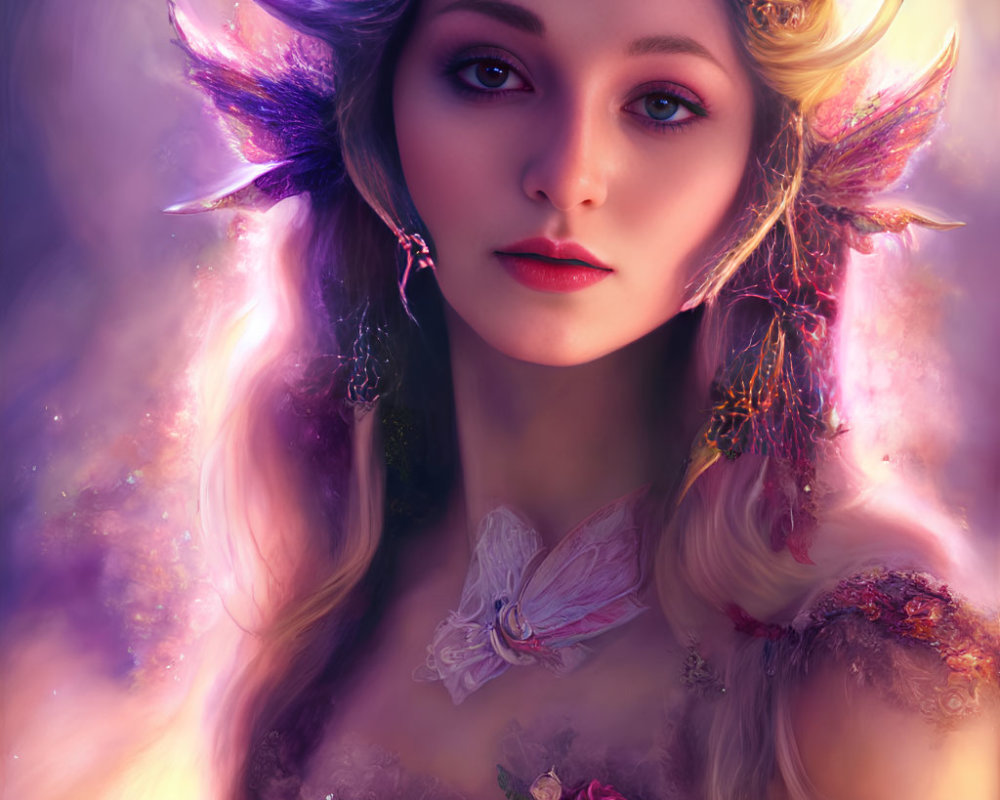 Fantasy portrait featuring woman with elf-like ears and cosmic background
