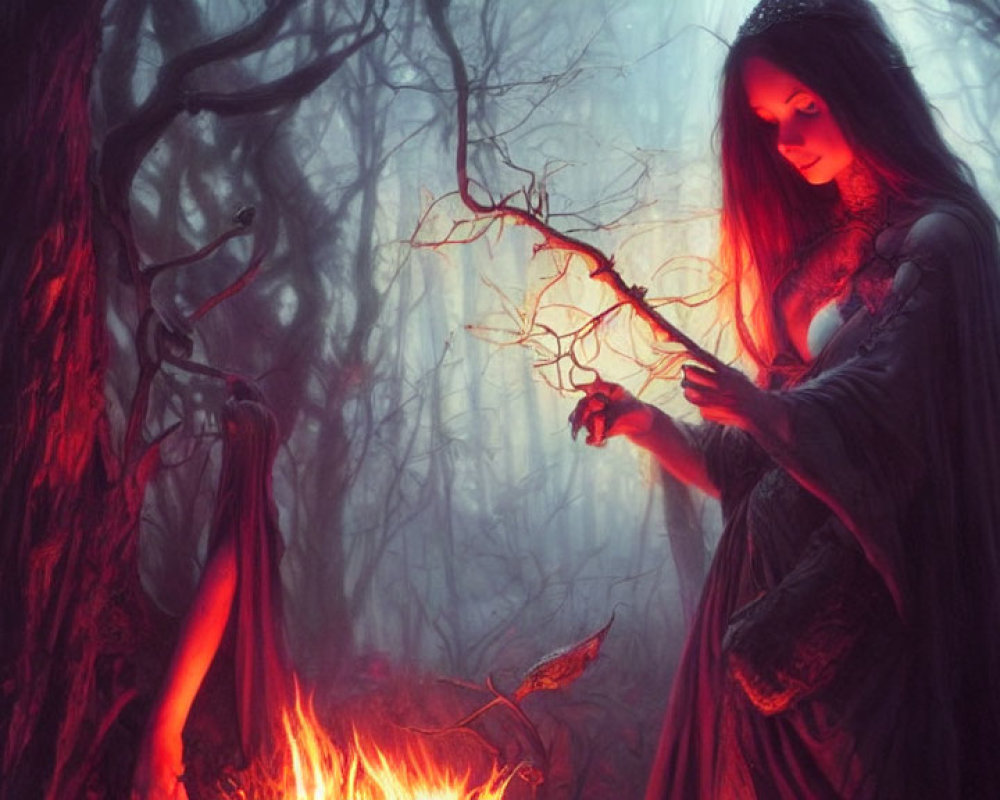 Mystical woman in forest casting magic with glowing wand