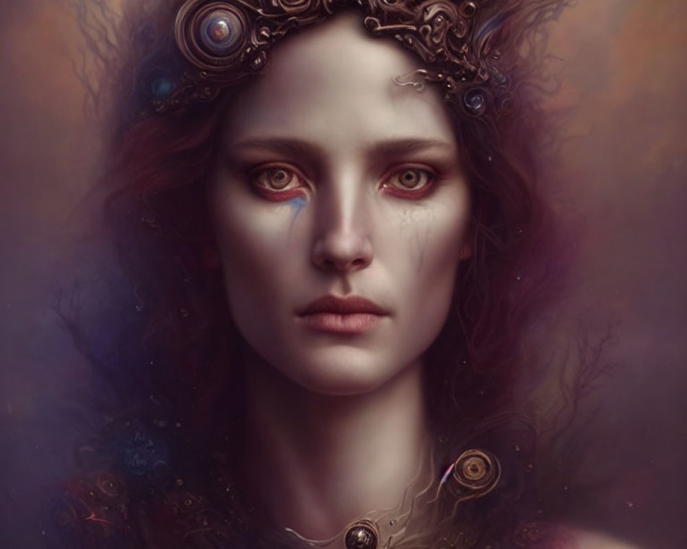 Digital painting of mystical crowned woman with intricate details & ethereal background