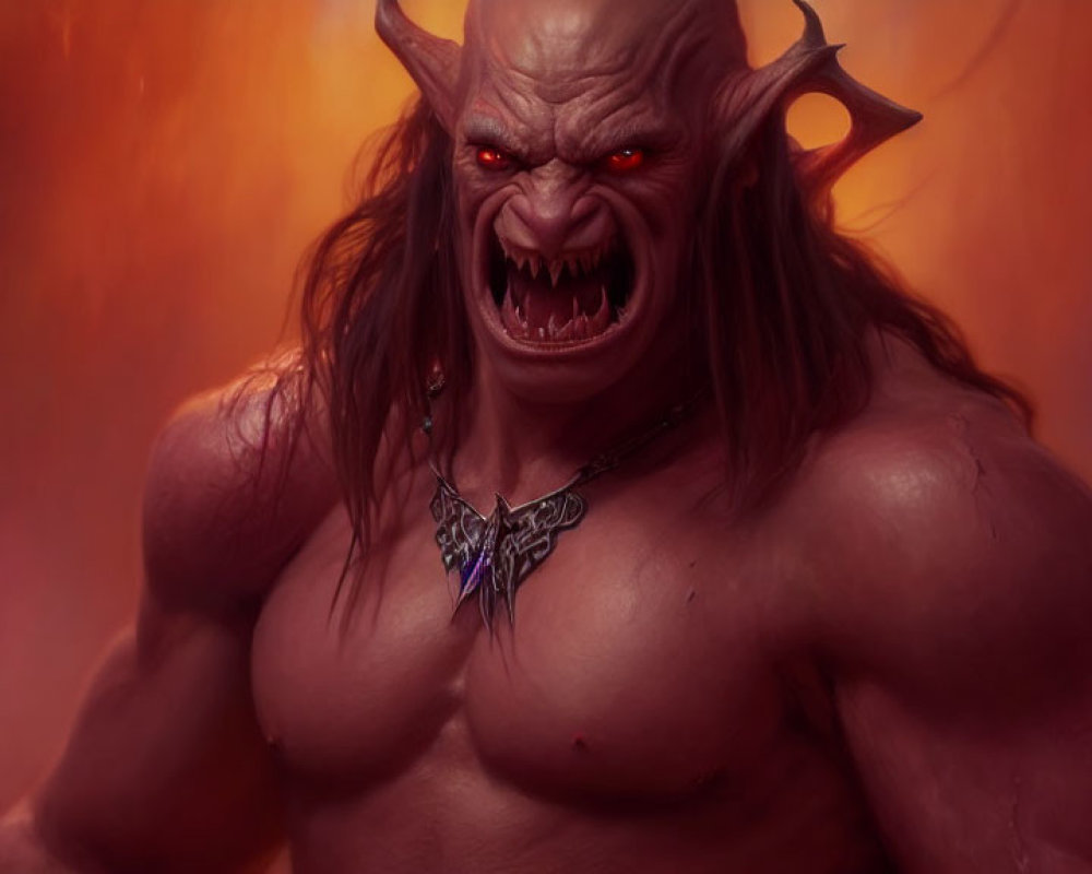 Muscular fantasy creature with horns and glowing eyes in fiery background
