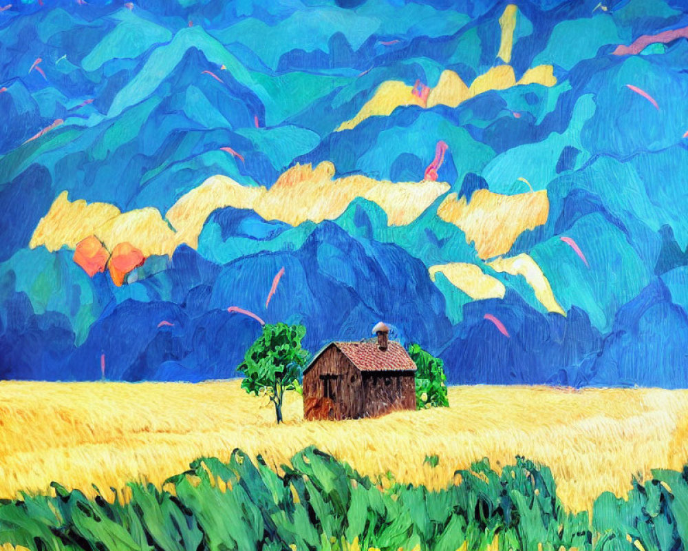 Vibrant impressionistic painting of rustic cabin in yellow field
