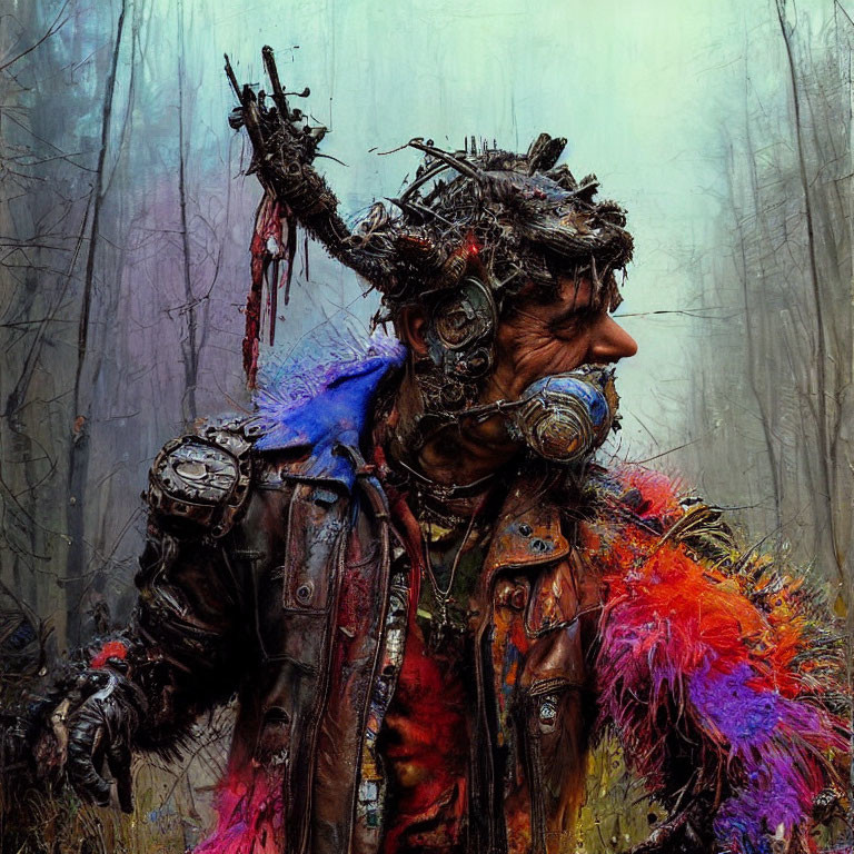 Elaborate post-apocalyptic tribal costume in misty forest