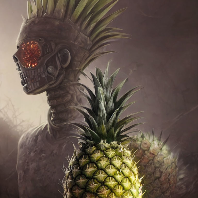 Character with Pineapple Head & Robotic Features in Mystical Foggy Setting