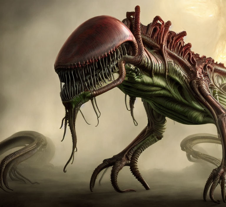 Monstrous multi-legged creature with red domed head in misty digital art