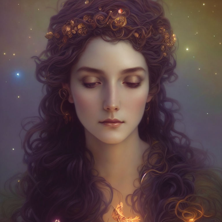 Digital portrait of woman with long curly hair, golden crown, earrings, surrounded by lights and birds.
