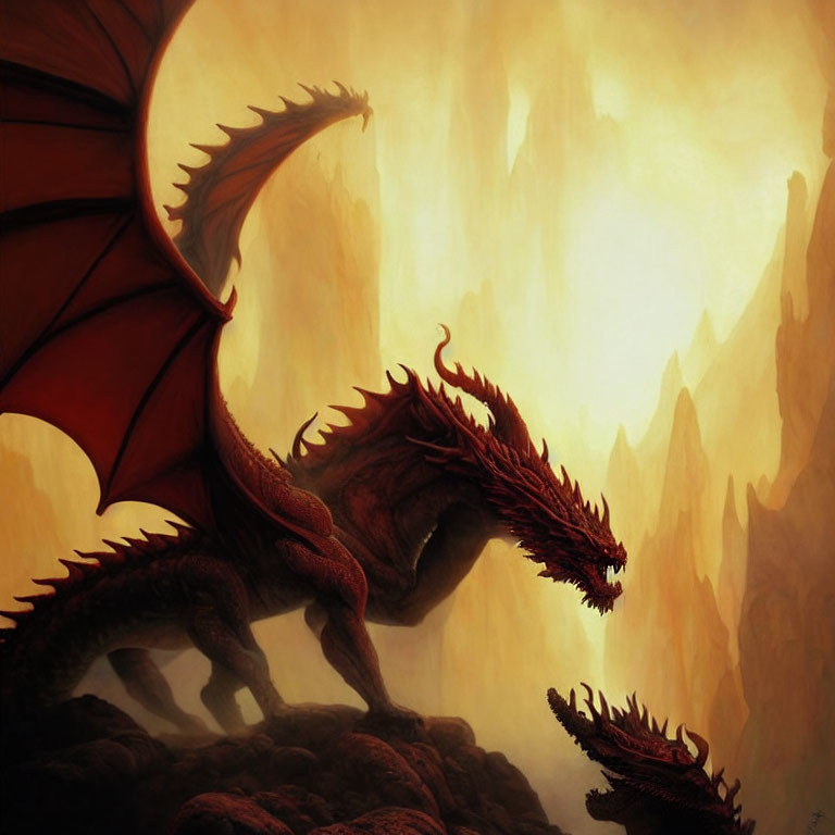 Red Dragon with Outstretched Wings on Rocky Terrain Amid Golden Flames