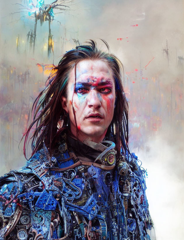 Blue-streaked long-haired person in sci-fi armor with paint-smeared face