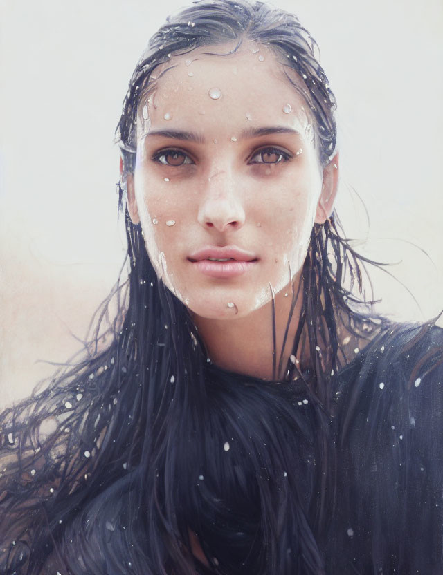 Portrait of woman with water droplets, fresh and serene expression