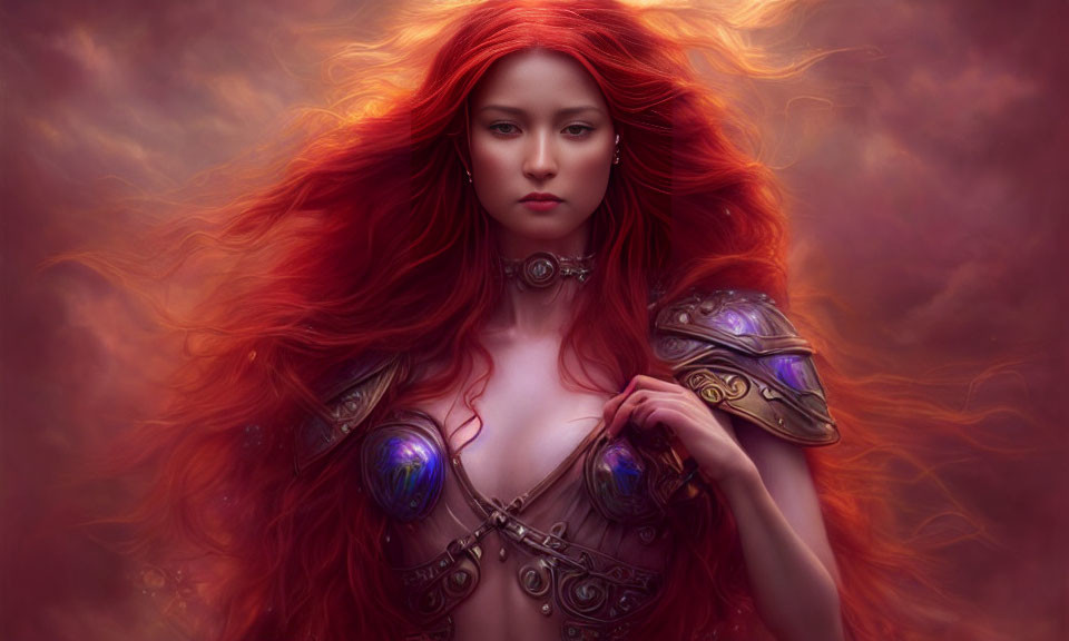 Digital artwork: Woman with red hair in fantasy armor on pink and orange cloud backdrop