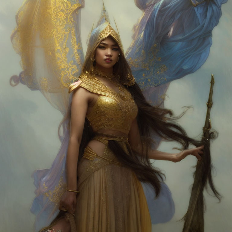 Regal warrior woman in golden armor wields sword in mystical setting