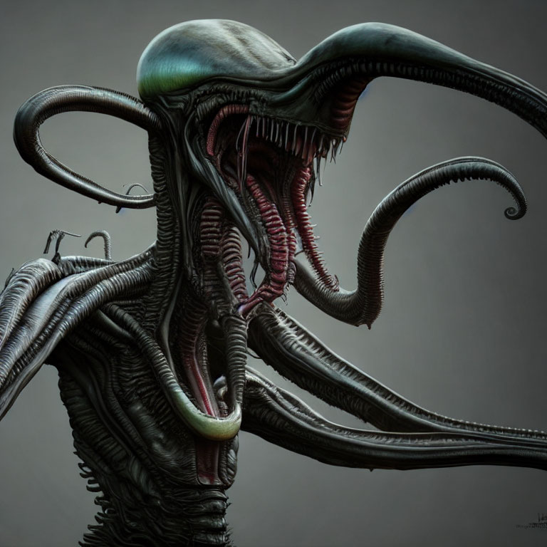 Illustration of a creature with bulbous head, elongated mouthparts, and intertwining tentacles