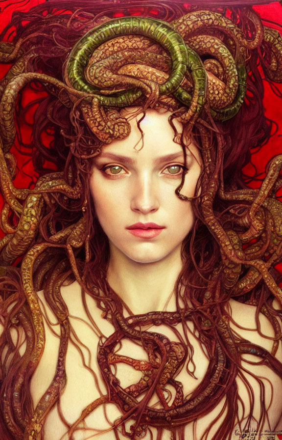 Illustration: Woman with green eyes, surrounded by serpents in her hair