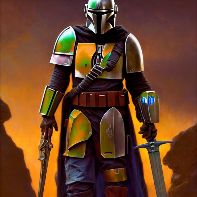 Colorful futuristic armored suit with cape, holding helmet and blaster