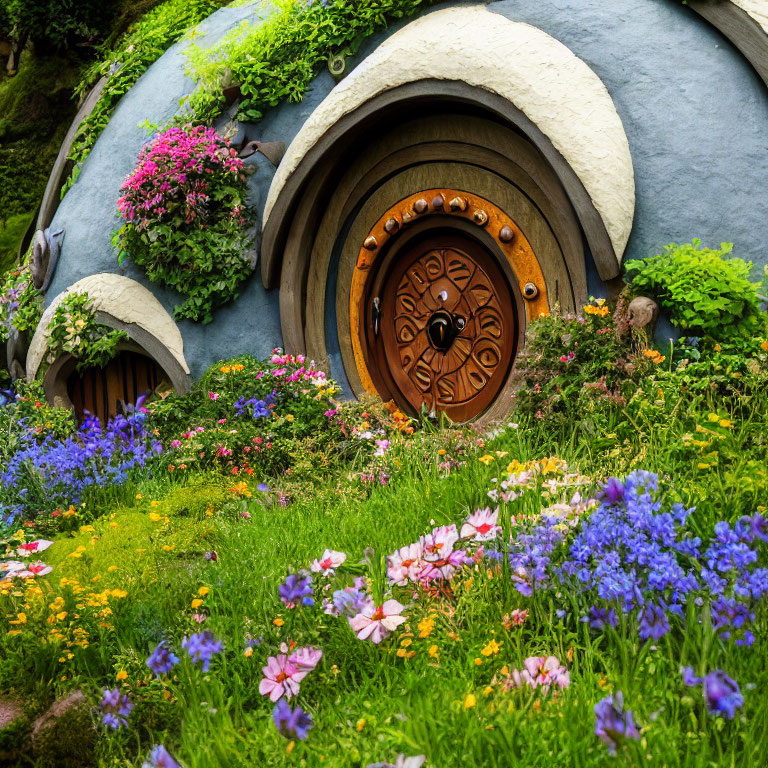 Circular hill door with flower roof in colorful garden