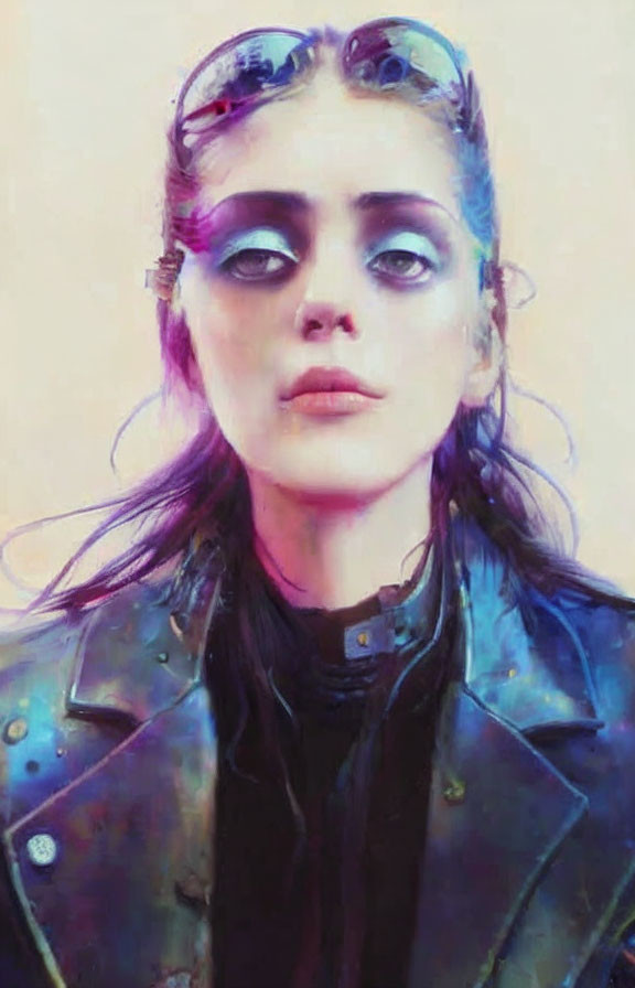 Woman in Colorful Leather Jacket with Striking Make-up and Sunglasses in Dreamy Setting