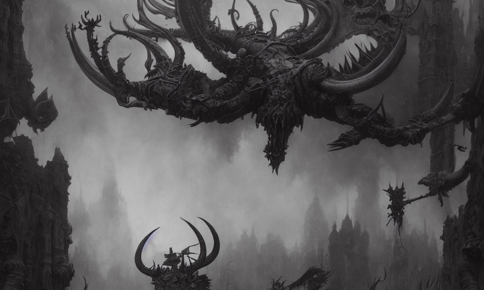Monochromatic fantasy art: Giant horned creature in misty gothic landscape