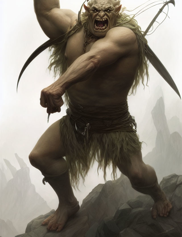 Muscular orc with tusks in loincloth ready for battle against misty rocks