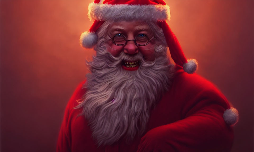 Bearded figure in red Santa hat and suit smiling warmly