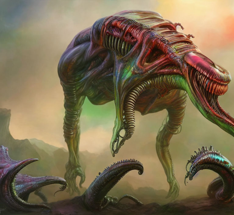 Fantastical creature with curved spine and tentacles in colorful landscape