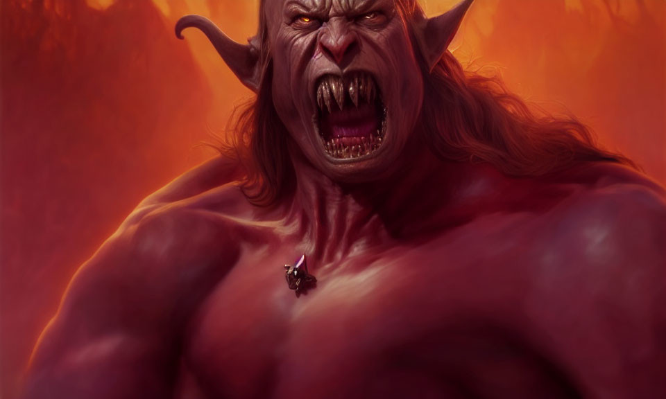 Roaring demon digital painting with sharp horns and fiery backdrop.