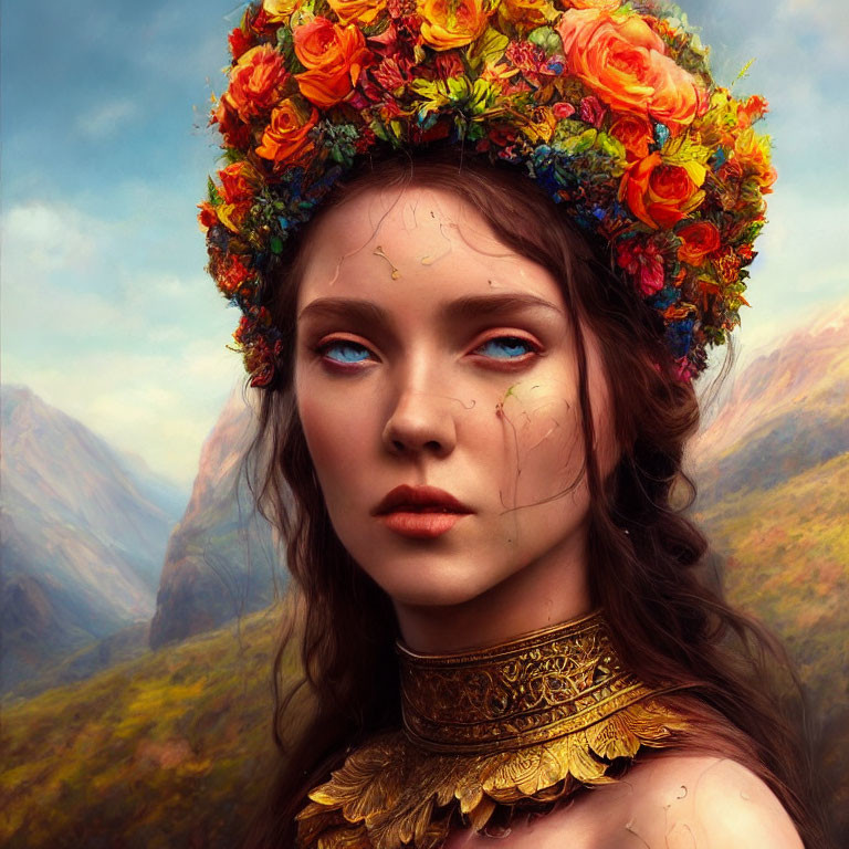 Woman with Blue Eyes and Floral Crown in Front of Mountainous Background with Golden Neck Jewelry