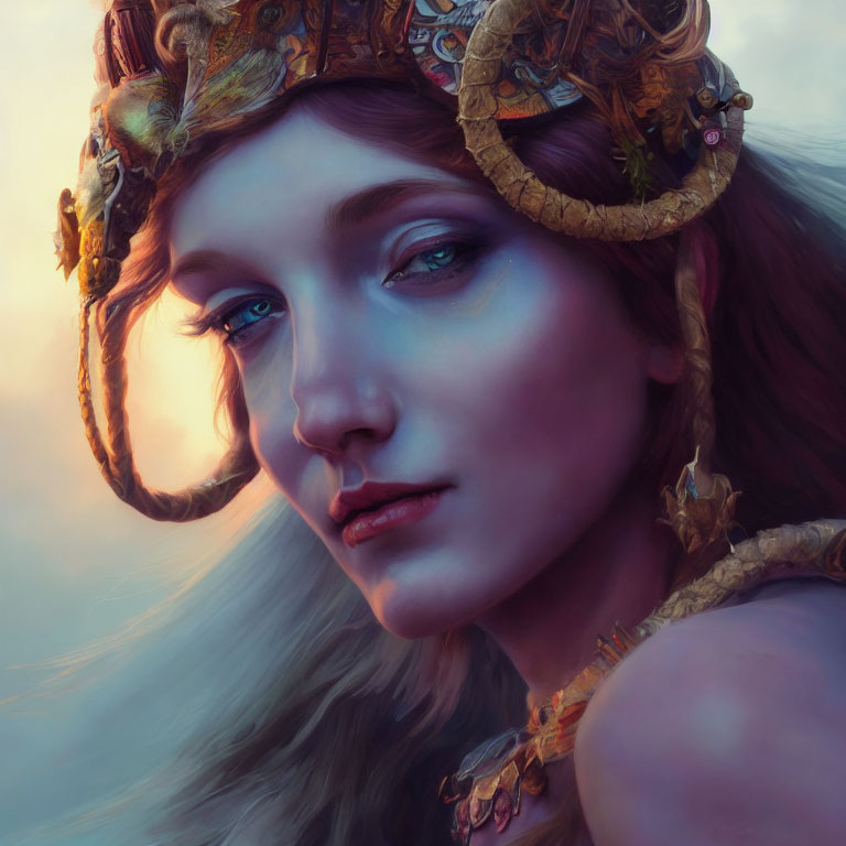 Digital painting of a woman with fantasy aesthetic and intricate horns.