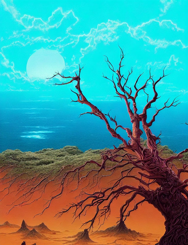 Colorful artwork: Red tree with intricate branches against turquoise sea, orange soil, and pale sky.