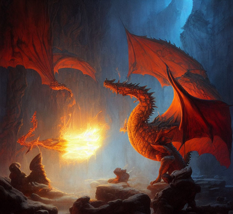 Red dragon breathing fire in dimly lit cave