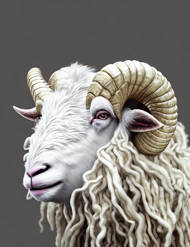 Creature illustration with sheep's head, body, and large curled ram's horn.
