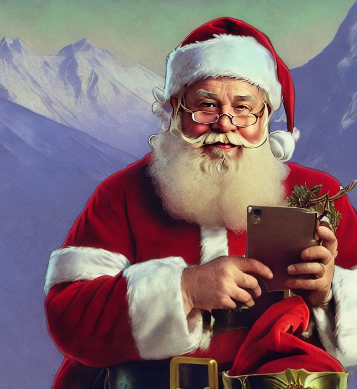 Traditional Santa Claus with Tablet and Holly in Snowy Mountain Setting