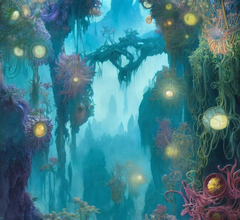 Enchanting forest with jellyfish-like plants, misty cliffs, and ethereal ambiance