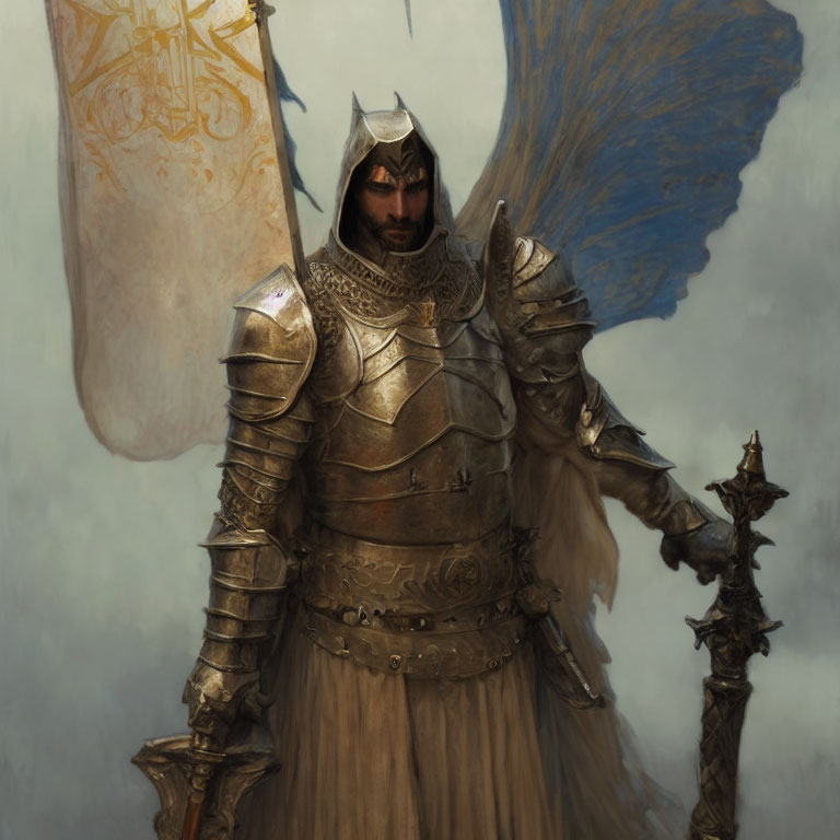 Medieval knight in ornate armor with sword and banner.