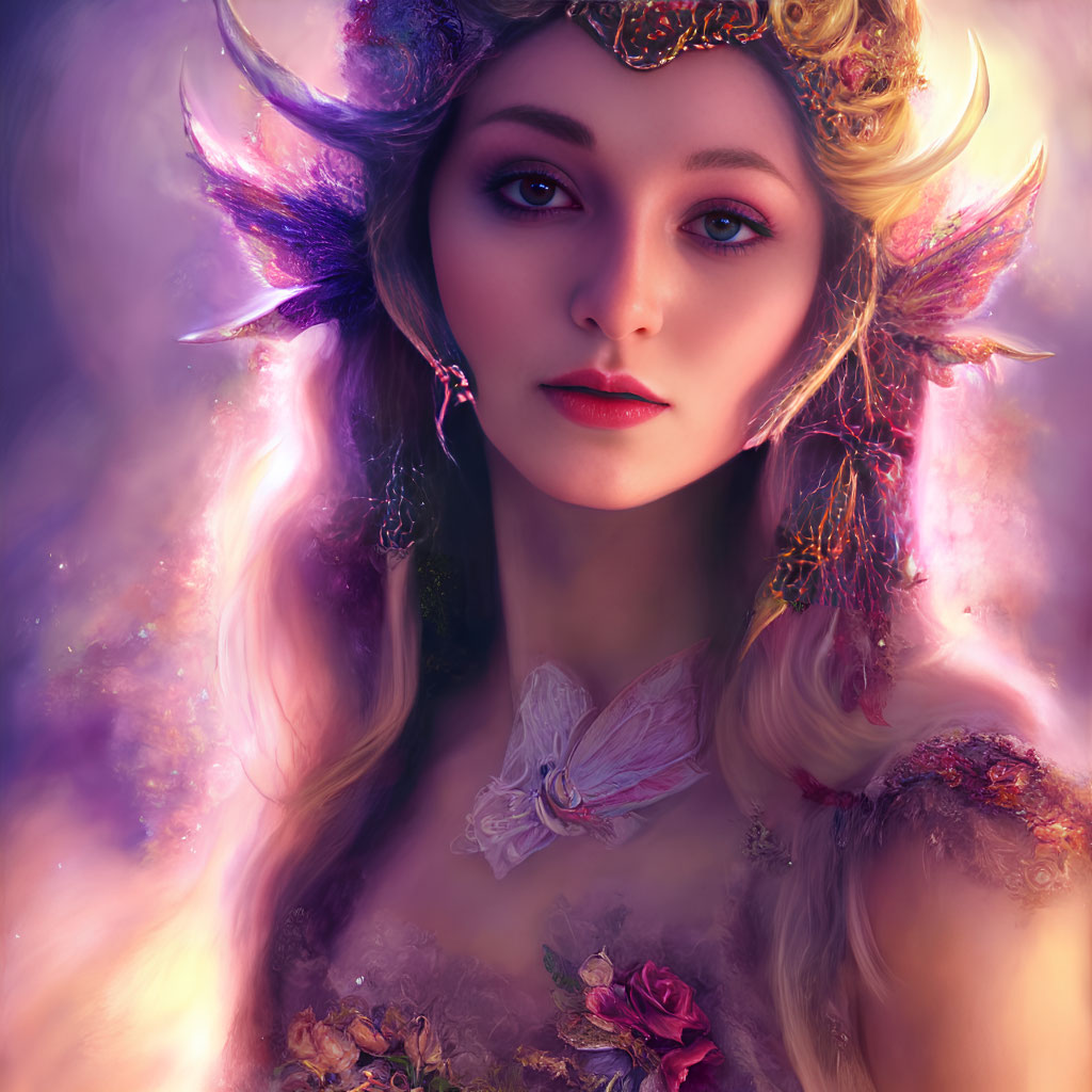 Fantasy portrait featuring woman with elf-like ears and cosmic background