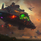 Futuristic spaceships with glowing lights in smoky backdrop