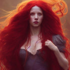 Woman with flowing red hair in misty ambiance.