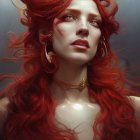Person with Vivid Red Hair, Dark Roses, Crystals, Pale Skin, Red Lips, Cont