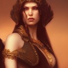 Fantasy warrior woman in golden armor with red streak under eye