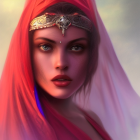 Vibrant red-haired woman with mystical eye-piece and crystal detail.