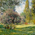 Tranquil park scene with blooming trees and people strolling under a sunlit sky