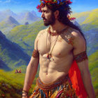 Mythological male figure with floral crown in mountain landscape